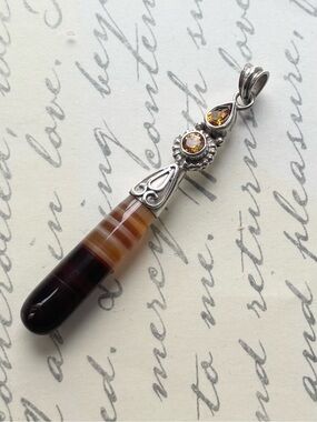 Sterling Silver Brown Agate Drop Pendant with Citrine Accents